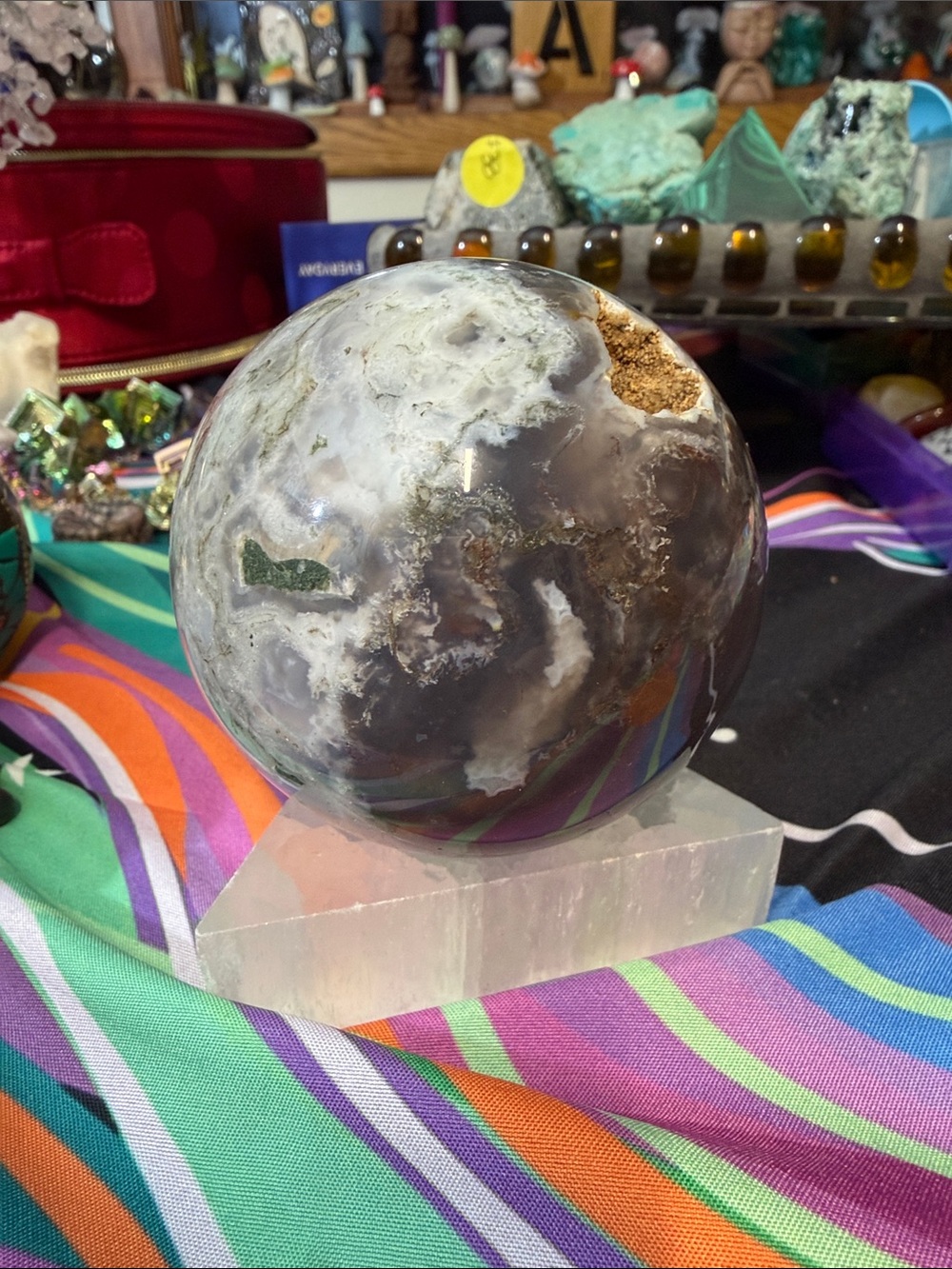 Moss Agate with blue Decorative Sphere  -- stand not included